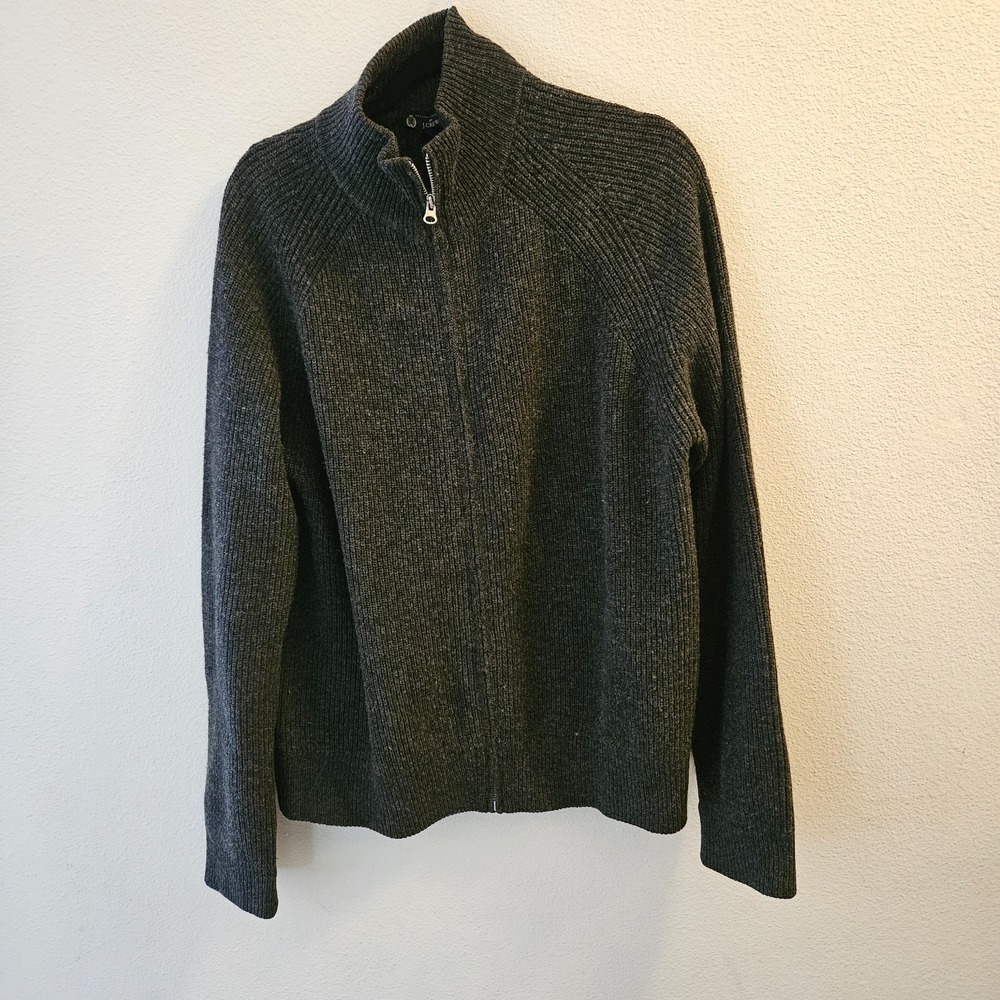 J Crew 100% Lambs Wool Full Zip‎ Cardigan Sweater Ribbed Sz Large Grandpacore